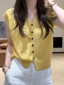 Shalldoer | Simple Solid Color Single Button V Neck Short Sleeve Knitted Sweater Womens Summer Fashionable Versatile Design Top