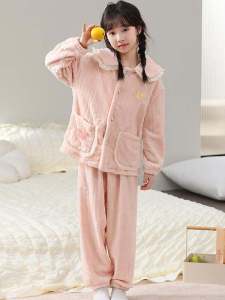 Girls Coral Fleece Pajamas Set Warm Home Clothes Two-Piece Set Trendy Childrens Clothing Polyester Fiber Winter Season