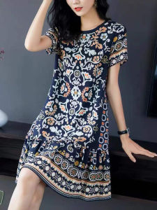 Silk Floral Print Dress Womens Miniature Summer Heavyweight Mulberry Silk round Neckline Loose Waist A-Line Midi Skirt