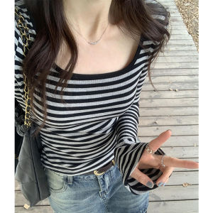 Korean Style Striped Base Shirt Flared Sleeve Square Collar Womens Long Sleeve T-Shirt Casual Simple Commute Slim Fit Youthful