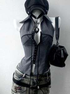 American Retro Stripe Collarless Sleeveless Shirt Waist Cinched Millennium Spice Girl Y2K Short Length Womens Fashion Top