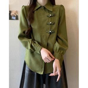 New Chinese Style Green Shirt Womens Mid-Length Button-Up Loose Fit Regular Sleeve Long Polo Collar Traditional Embroidery