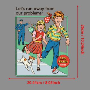 Lets Run Away From Our Problems" Kids & Cop Vintage Graphic Vinyl Heat Transfer Sticker Washable Iron-On Transfer Sticker