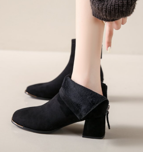 French Velvet High Heel Fleece Lined Short Boots Autumn Winter New Coarse Heel Square Head Slim Martin Boots Women Elastic Boots