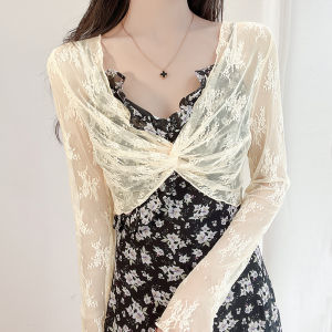 Elegant Lace Shirt Women Long Sleeve V-Neck Knot Design Thin Sun Protection Overhead High-End Cover-Up Ultra-Short Length Solid Color