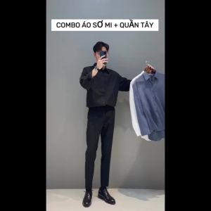 Combo Áo sơ mi tay dài lụa DOLARO nhiều màu kèm quần tây âu chất tuyết mưa màu đen đủ size đi học đi làm
