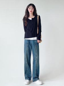 plus Size Womens Long Sleeve T-Shirt Black Base Shirt Belly Covering Slimming Top for Autumn Korean Style Straight Cut Cotton Polyester Blend