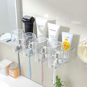Johor Seller | 1/2/4 Cups Toothbrush Holders No Punching Wall Mounted Cute Bear Deco Storage Rack