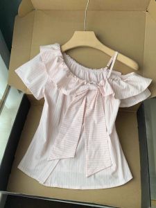 Áo Sơ Mi Nữ Tay Ngắn Màu Hồng Sọc Phong Cách Hàn Quốc Mùa Hè Cổ Chữ V Tay Áo Xếp Ly Ngắn Thời Trang Thường Ngày