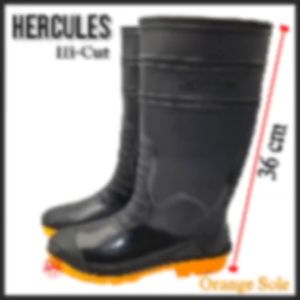 Hercules Mens Hi-Cut Knee-High waterproof and Non-slip black Rubber Rain Boots with orange soles (Bota)