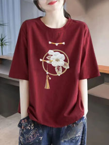 เสื้อยืดคอกลมแขนสั้นผ้าฝ้ายแท้หลวมๆ พิมพ์ลายสไตล์ฮ่องกงขนาดใหญ่ สไตล์ชาติพันธุ์ใหม่ สวมใส่สบาย ระบายอากาศได้ดี เสื้อยืดสำหรับผู้หญิง