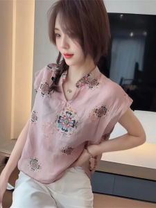 WANGGONGZHU | เสื้อเชิ้ตแขนสั้นผู้หญิงสไตล์จีนใหม่ ดีไซน์เก๋ไก๋ ลายดอกไม้ แฟชั่นฤดูร้อน 2025 เสื้อผ้าทำงานสไตล์เกาหลีหลวมๆ