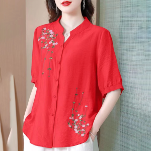 QIAOXIZI | Áo Thun Cotton Lanh Thêu Dành Cho Người Già Kích Cỡ Lớn