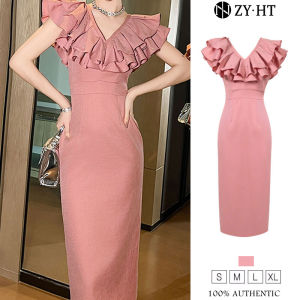ZYHT EraVogue Womens Dresses Pink Dresses V-neck Dresses Shoulder Spade Dresses Work Dresses High-class Dresses Vintage Dresses Event Dresses Party Dresses Evening Dresses 30867