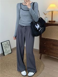กางเกงขายาวทรงหลวมเอวสูงสีเทา ทรงตรง กางเกงขายาวทรงหลวมสำหรับผู้หญิง ฤดูใบไม้ผลิ 2025 กางเกงขายาวทรงตรงที่มีความยืดหยุ่นสูง