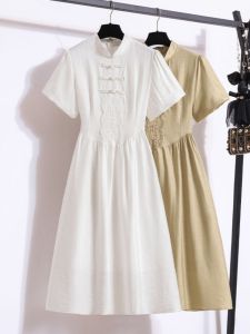 New Chinese Style Tea Break Short Sleeve Dress Womens Button Stand Collar Waist Slimming Hip Covering Midi A-Line Skirt