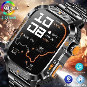 Đồng Hồ Thông Minh Quân Sự Nam 2025 Chống Nước 3ATM Màn Hình AMOLED 2.01 Inch Tích Hợp La Bàn Đo Nhịp Tim NFC Gọi Bluetooth Đèn LED Tính Năng Thể Thao