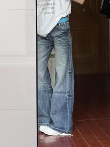 กางเกงยีนส์ทรงหลวมเอวต่ำสไตล์อเมริกันสำหรับผู้หญิง กางเกงขายาวทรงขาบาน ทรงหลวม ทรงยาว ทรงเข้ารูป สไตล์ย้อนยุค