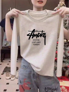 เสื้อยืดแขนยาวผู้หญิงผ้าฝ้ายแท้สไตล์เกาหลีฤดูใบไม้ร่วงปี 2025 เสื้อเชิ้ตคอตตอนทรงหลวมสบายๆ ทรงสลิมฟิต เสื้อเชิ้ตแขนยาวทรงปกติ