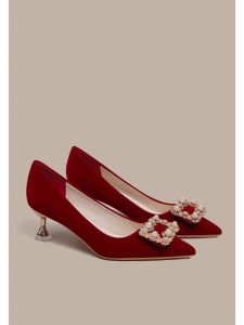 Elegant Pearl Buckle High Heels Wedding Shoes Chinese Style Wine Offering Shoes Engagement Shoes Women Fashion Single Shoes