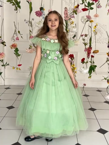 Girls Green Floral Long Princess Dress – Elegant Fluffy Mesh Ball Gown for Birthday Wedding Photoshoot & Performance | Kids Formal Dress for Ages 8-12 Years