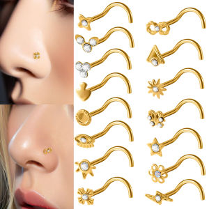 1PC เหล็กผ่าตัด 18K Gold Plated Twisted จมูกเล็บคริสตัลไม่สม่ําเสมอจมูกกระดูกสกรูแหวน Nostril Body Piercing เครื่องประดับ 20G