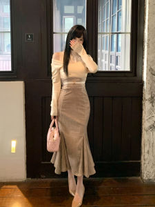 Elegant Autumn Winter Womens Miu Style Dress Set Rich Lady Fashionable High Waist Fish Tail Skirt Long Sleeve High Collar Dress