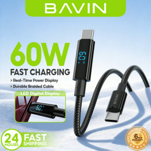 BAVIN CB432 1M 60W PD Fast Charger Data Cable USB C to USB C w/LED Digital DisplayBraided Nylon For LaptopiPh18Tablet