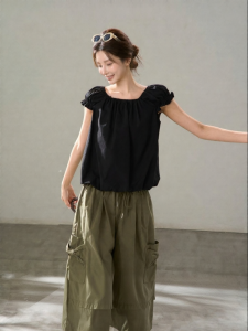 HTMEME | Korean Style Solid Color Square Collar Ruffled Youthful Blouse