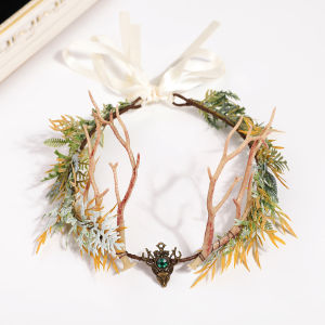 Forest-Themed Antler Branch Flower Wreath Headpiece Ultra-Fantastic Artificial Green Leaf Fairy Hairband Bridal Travel Photo Accessories