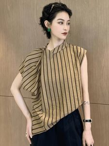 French Lazy Style Loose Fit Stripe Pattern Stand Collar Sleeveless T-Shirt Summer New Casual Versatile Top Trendy Polyester Fiber