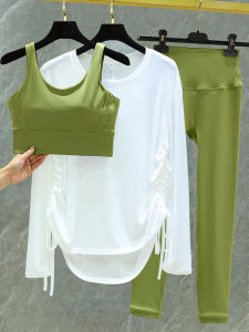 Womens Yoga Fitness Suit Set with Integrated Cup Pilates Training Anti-Curling Long Sleeve Leggings for Spring Summer