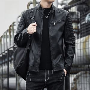 ROMON | Romon Mens Leather Jacket Stylish Stand Collar Biker Coat American Retro Short Jacke Autumn Fashion Urban Casual PU Leather