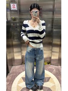 กางเกงยีนส์ทรงหลวมเอวสูงสไตล์ย้อนยุคสไตล์อเมริกันสำหรับผู้หญิง กางเกงขายาวทรงตรงทรงหลวมสำหรับฤดูใบไม้ผลิและฤดูใบไม้ร่วง