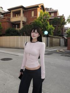 JLAUNT American Style Hot Girl Pink T-Shirt Women Early Autumn Slimming Retro Body Shirt Casual Knitted Short Sleeve Top