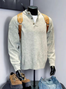เสื้อสเวตเตอร์คอฮันนาลิสต์สีเทาอ่อนสำหรับผู้ชาย ฤดูใบไม้ร่วง ฤดูหนาว ทรงปกติ แขนยาว ปกโปโล ทรงหลวม อบอุ่น สวมใส่สบาย
