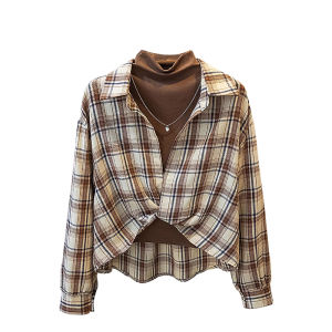 Bộ Đồ Hai Mảnh Kẻ Caro Cara CLUB Cỡ Lớn Cho Nữ Mùa Thu Áo Sơ Mi Kẻ Caro Bên Trong Quần Áo Làm Việc Cotton Dài Tay