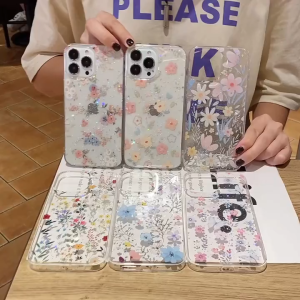 CrashStar Flower Glitter Epoxy Transparent Soft Phone Case For iPhone 17 16 15 14 Pro Max Plus 13 12 11 Pro Max XR Fashion Shiny Floral Butterfly Phone Cover Clear Silicone Shockproof Phone Casing Skin