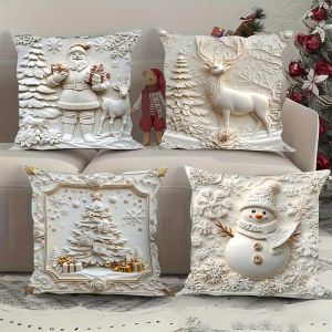 Elegant Christmas Decorative Pillow Covers 4-piece White Christmas Pillowcase Set With Santa Claus Snowman Tree Reindeer Pattern