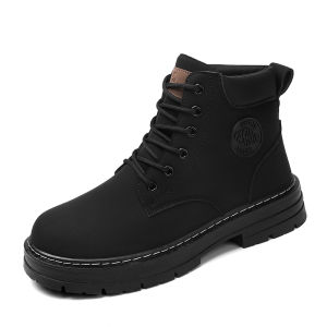 Korean Black Martin Boots for Men Mid-cut Fashion Non-slip Waterproof PU Leather