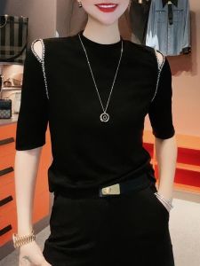 เสื้อยืดแขนสั้นผู้หญิงคอกลมประดับหนัก ฤดูร้อน สไตล์ใหม่ พรางหุ่น หลากหลาย เวอร์ชั่นเกาหลีขาดไหล่ เสื้อท่อนบน