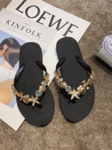 Flip Flops Women Summer K-style Fashion Flats Pure Color Rhinestone Non Slip Beach Seaside Vacation Wedge Sandals Women