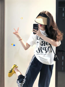 Summer Casual Cotton Sportswear Set Womens Short Sleeve T-Shirt Wide Leg Pants School Style Two-Piece Suit round Neck Overhead