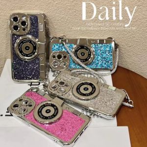 For iphone 15 Pro Max iphone 14 Pro Max iphone 13 pro / 12 iphone 11 Case Glitter Diamond Bling Vintage style Camera design Pattern with Sling Veinstone Casing Chain Wristband Strap Ribbon Protect Hinge Shock Resistant Lanyard Slim Thin