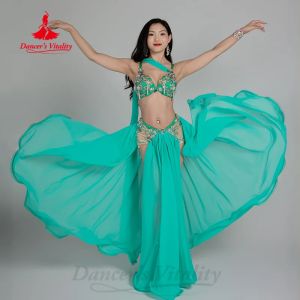 Belly Dance Set for Womens Exquisite Pearl Bra+Chiffon Long Skirt 2pcs Girls Oriental Dance Professional Performance Costume