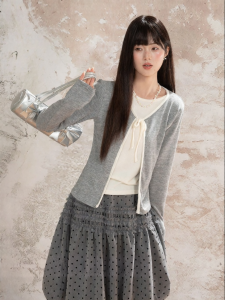 loveheynew | Áo Cardigan Knit Cổ Tròn Đính Nơ Phối Màu Thu Casaul Rộng Rãi