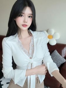 GUZILIAN | Fashionable Lace Binding V-Neck Slim Fit Short Long Sleeves T-Shirt
