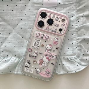 Sanrio | Cute Cartoon Frosted Sticker Sanrio Hello Kitty Case For iphone 17 16 15 Pro Max 17 Full Lens Protective Phone Cover With Chain