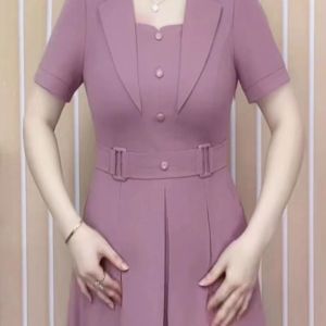 Váy Ngắn Tay Ôm Vừa Vặn Đơn Giản Cho Mẹ Trung Niên Mùa Hè 2024 Váy Chữ a Màu Trơn Cổ Tròn Polyester Váy Công Sở