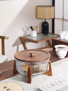 Japanese Style Clear Borosilicate Glass Salad Bowl With Acacia Wood Base Cover Fruit Bowl